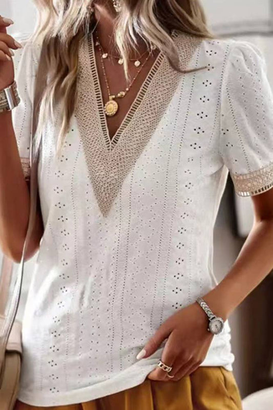 Sweet Simplicity V Neck Eyelet Blouse - White or Sage