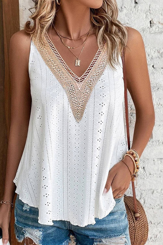 Eyelet Lace Trim V-Neck Tank Top - White