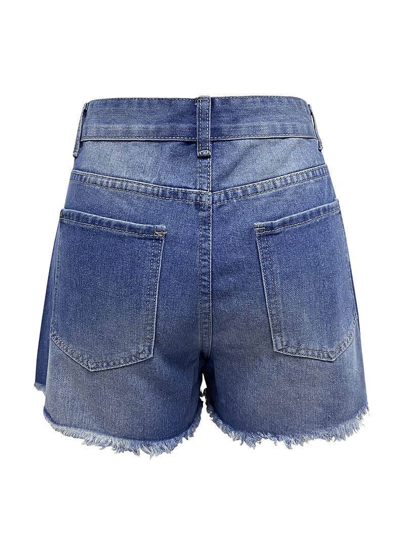 High Waist Distressed Washed Denim Shorts - Vintage Blue Cutoffs