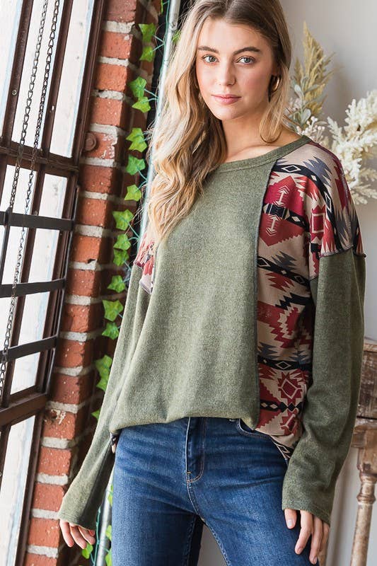 Olive Aztec Stitch Contrast Plus Top | Western Boho Long Sleeve Knit | Cozy Holiday Outfit (1X–3X)