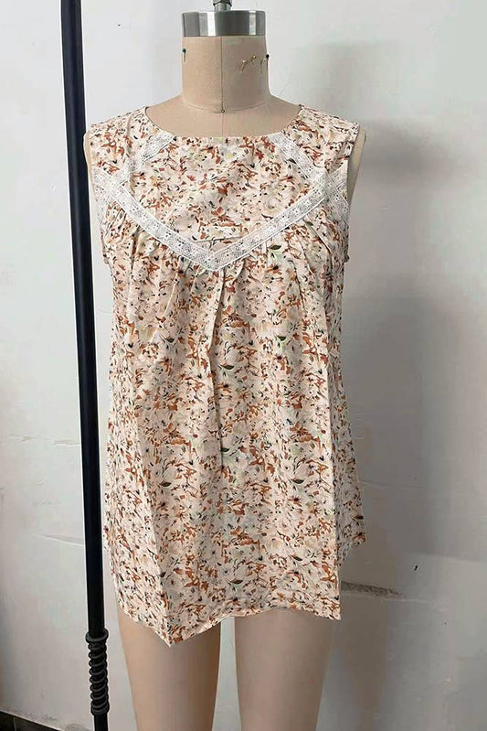 Floral Crochet Trim Tank - Soft Boho Lace Detail in Neutral Print