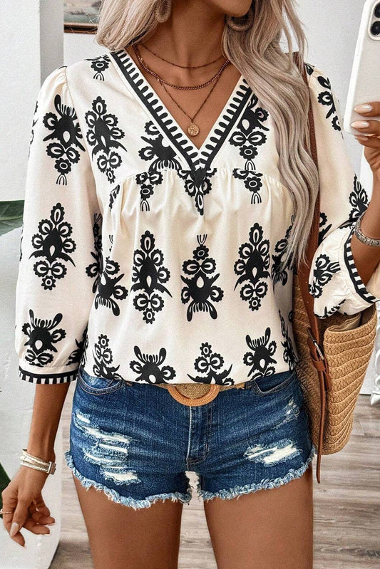 Geometric Print V-Neck Blouse - 3/4 Sleeve in Beige/Black or Beige/Orange