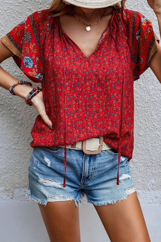 Boho Breeze V-Neck Short Sleeve Top - Available in Red & Beige | Sizes S-XXL