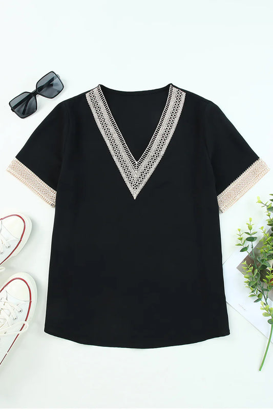 Black Lace Trim V-Neck Blouse | Short Sleeve Dressy Top (S–XL)