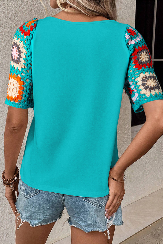 Turquoise Floral Crochet Lace Short Sleeve Top
