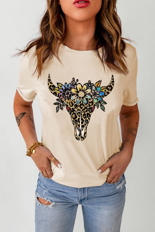Wild West Khaki Leopard Bull Skull Graphic Print Tee