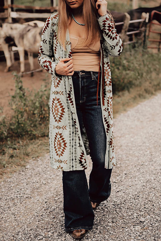 Brown Western Aztec Print Open Front Longline Cardigan – Western Boho Layering Piece