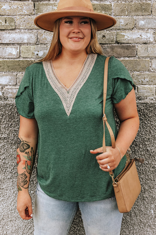 Blackish Green Embroidered V-Neck Draped Sleeve Plus Size Blouse