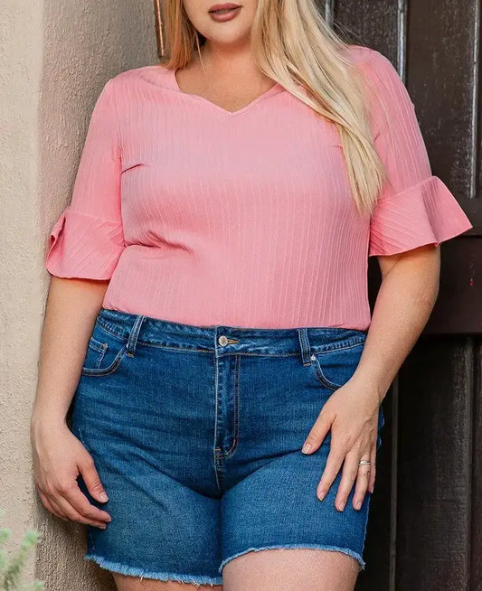 Peach Blossom Ruffled V-Neck Textured Plus Size Top