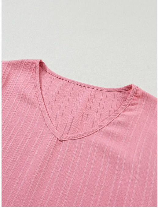 Peach Blossom Ruffled Half Sleeve V Neck Textured Top