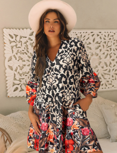 Black Retro Floral Mixed Print Split Neck A-Line Dress | Women’s Boho Tunic Mini Dress