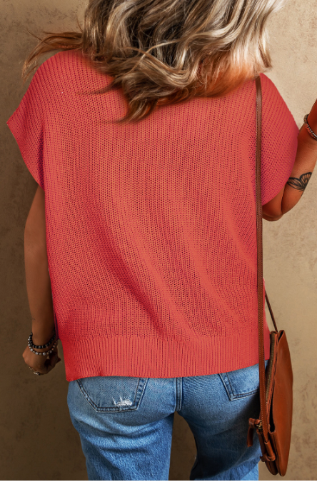 Flamingo Textured Knit Notch V-Neck Sweater Tee | Women’s Casual Lightweight Top