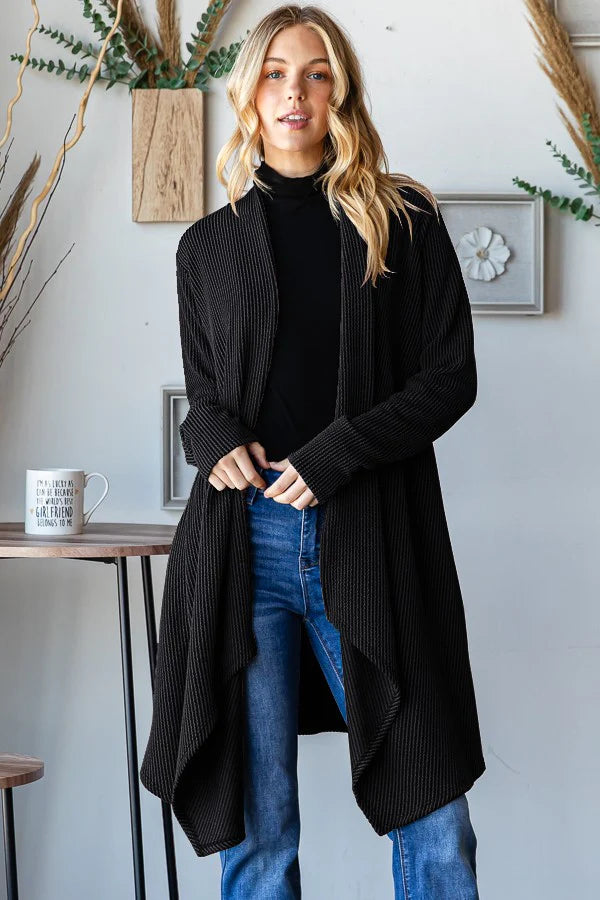 Charcoal Urban Ribbed Open Cardigan | Long Sleeve Asymmetrical Hem with Pockets