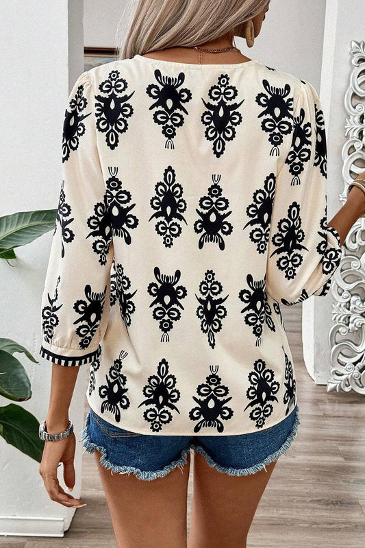 Geometric Print V-Neck Blouse - 3/4 Sleeve in Beige/Black or Beige/Orange