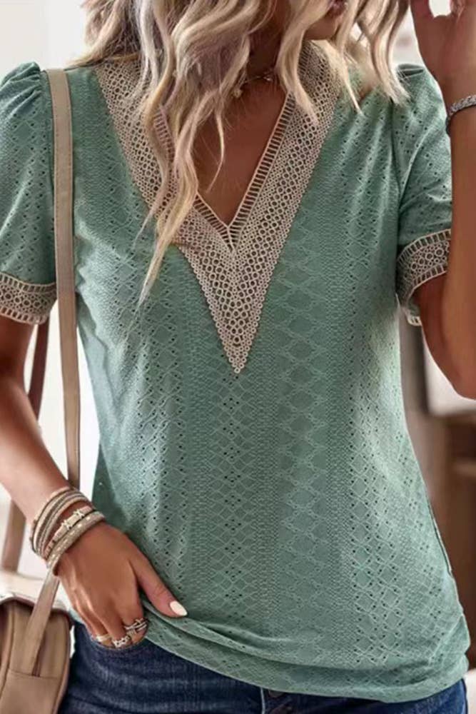 Sweet Simplicity V Neck Eyelet Blouse - White or Sage