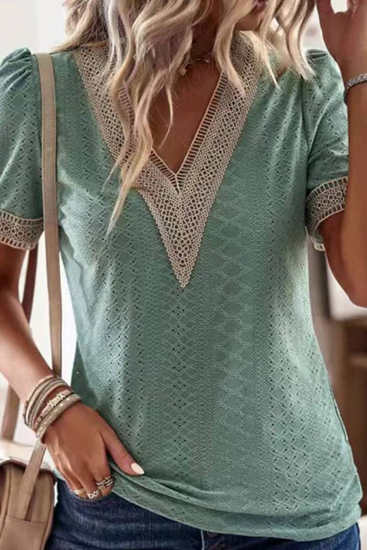 Sweet Simplicity V Neck Eyelet Blouse - White or Sage