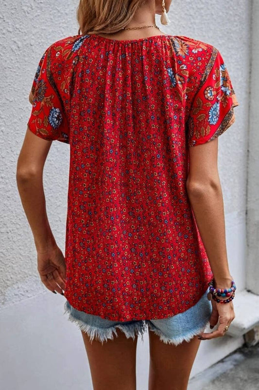 Boho Breeze V-Neck Short Sleeve Top - Available in Red & Beige | Sizes S-XXL