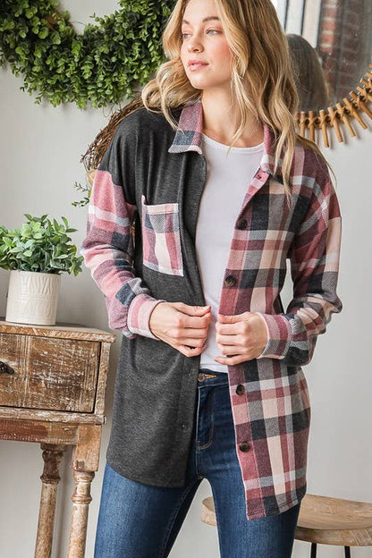 Charcoal Plaid Button-Up Shacket | Soft Brushed Flannel Everyday Layer