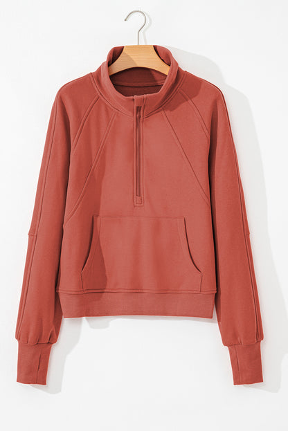 Gray Fleece Lined Zip Up Stand Collar Thumbhole Sleeve Sweatshirt