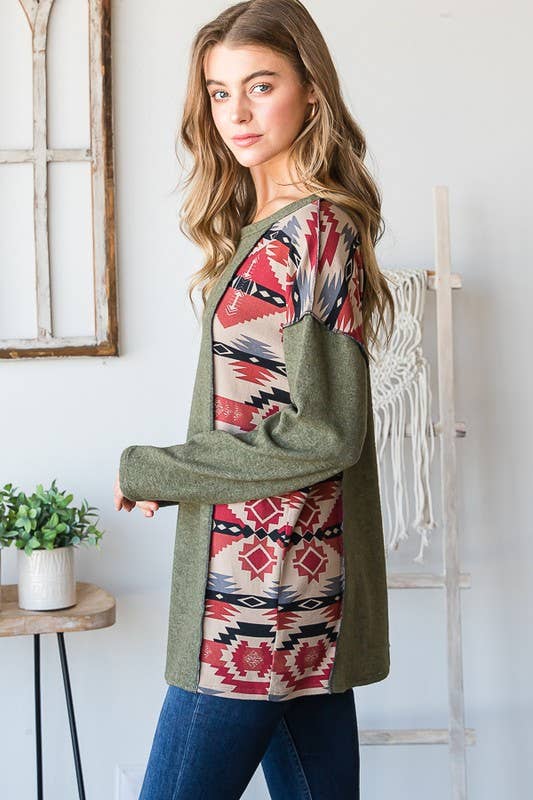 Olive Aztec Stitch Contrast Plus Top | Western Boho Long Sleeve Knit | Cozy Holiday Outfit (1X–3X)