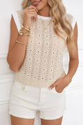 Textured Floral Knit Tank Top - Oatmeal Crewneck Sleeveless