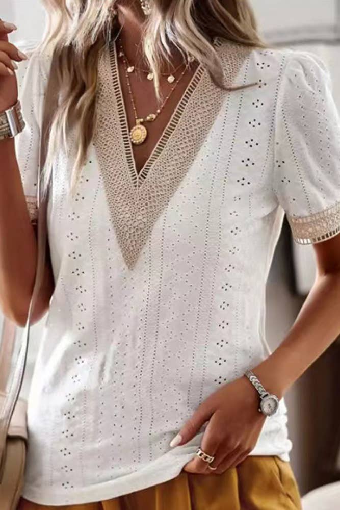 Sweet Simplicity V Neck Eyelet Blouse - White or Sage