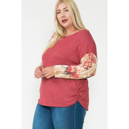 Plus-Size Floral & Solid Color-Blocked Contrast Cinch Long Sleeve Top