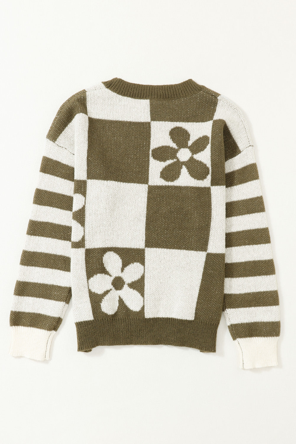 Brown Checkered Floral Print Striped Sleeve Sweater
