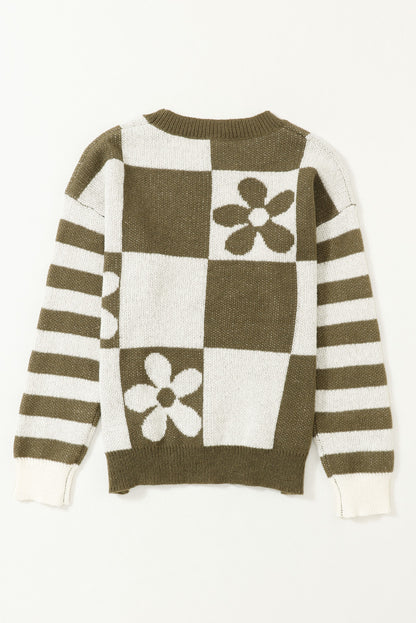 Brown Checkered Floral Print Striped Sleeve Sweater