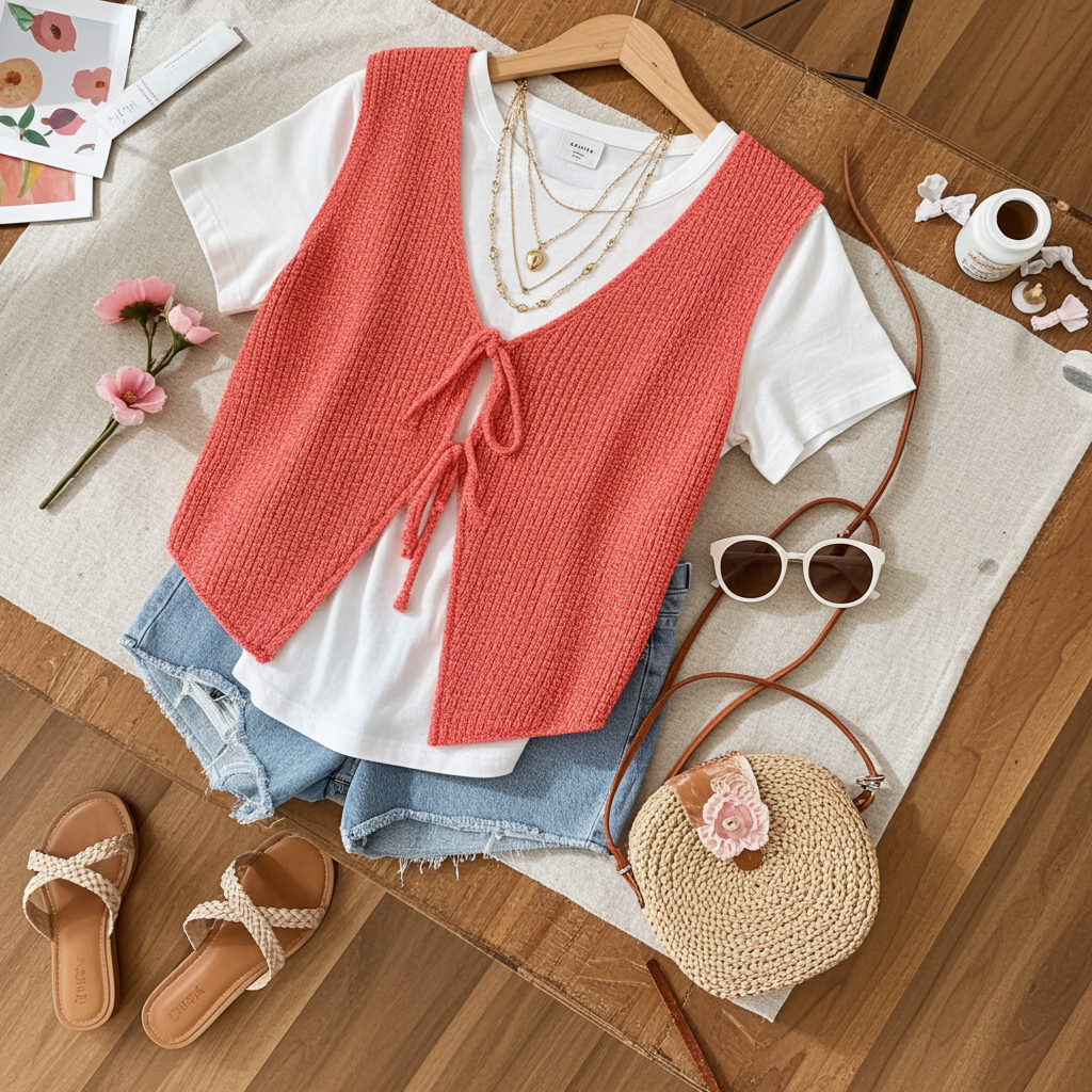 Tomato Red Lace-Up Front V-Neck Sweater Vest – Sleeveless Knit Layering Top