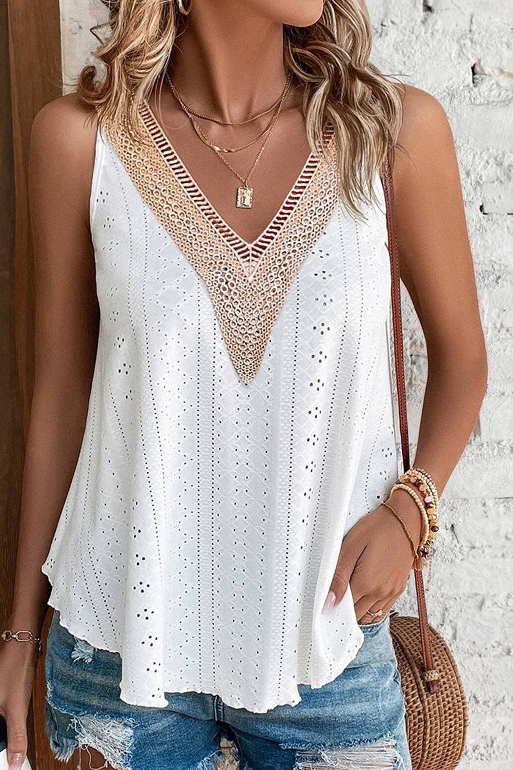 Eyelet Lace Trim V-Neck Tank Top - White