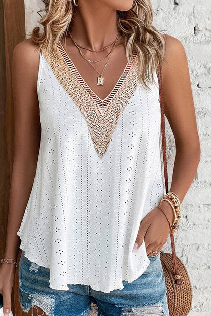 Eyelet Lace Trim V-Neck Tank Top - White