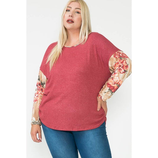 Plus-Size Floral & Solid Color-Blocked Contrast Cinch Long Sleeve Top