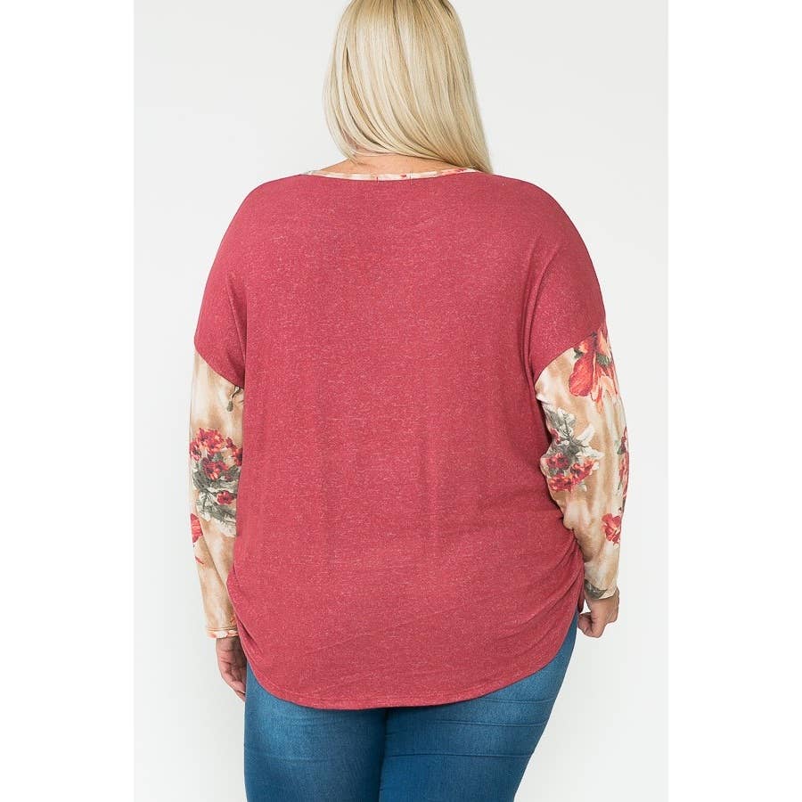 Plus-Size Floral & Solid Color-Blocked Contrast Cinch Long Sleeve Top