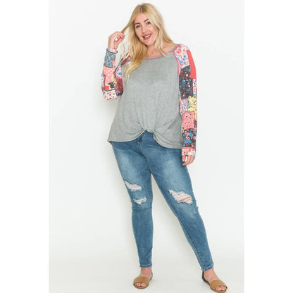 Plus-Size Front-Hem Knotted Long-Sleeve Top | Floral Print & Solid Color-Blocked Contrast