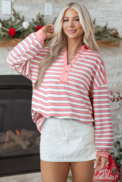 Pink Stripe Buttoned V Neck Collared Drop Shoulder Top