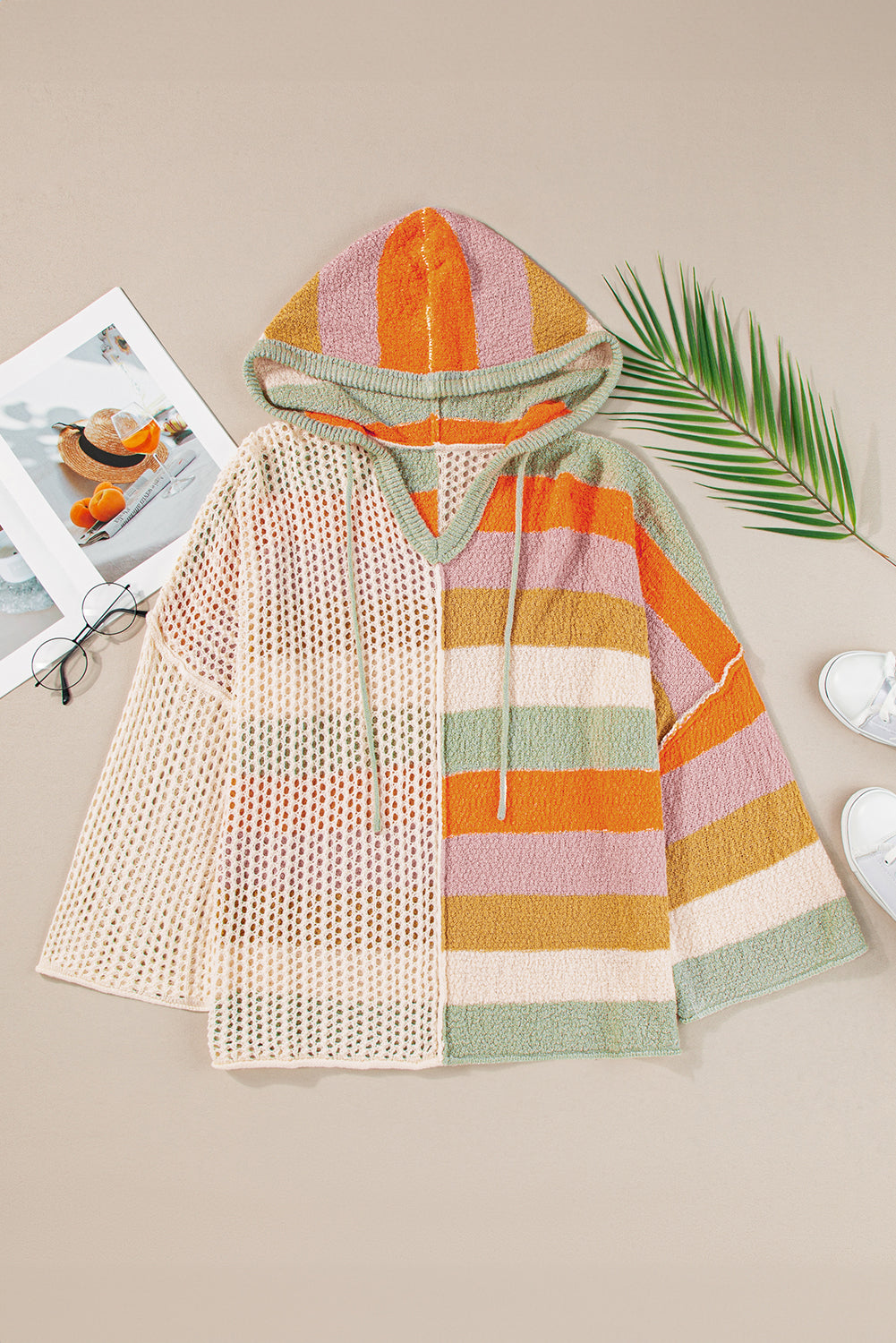 DEAR-LOVER Beige Oversized Colorblock V Neck Hooded Sweater