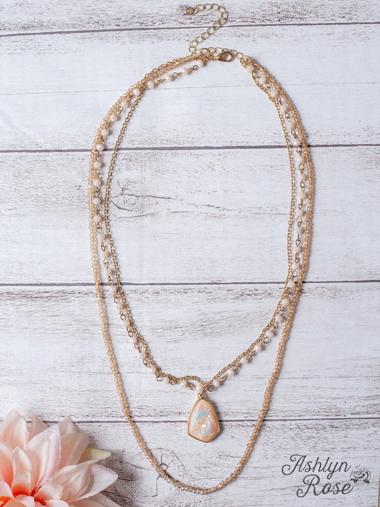 CHEERS TO FOREVER-IRIDESCENT STONE PENDANT-PASTEL PINK LAYERED NECKLACE
