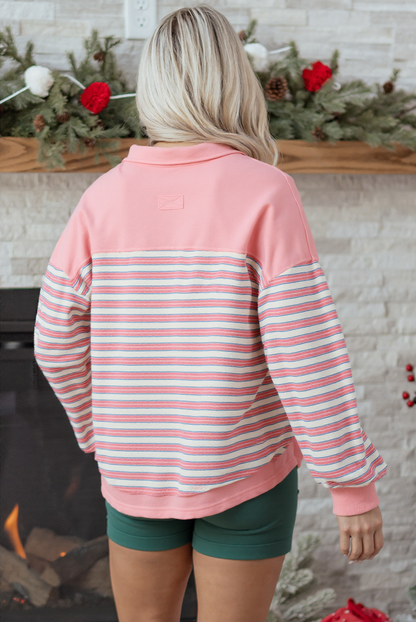 Pink Stripe Buttoned V Neck Collared Drop Shoulder Top