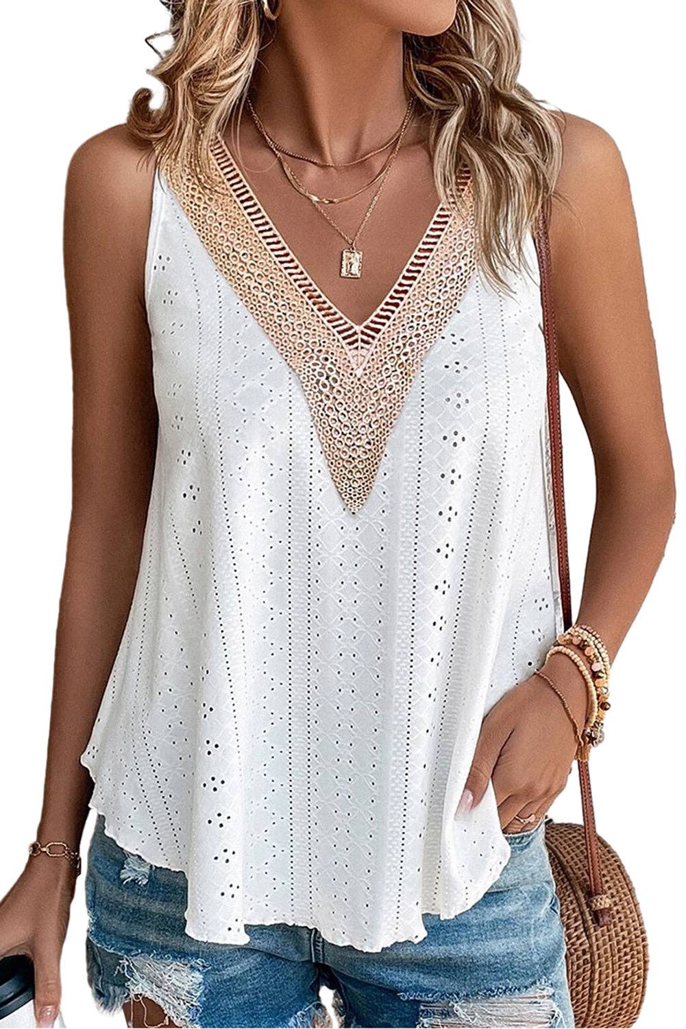 Eyelet Lace Trim V-Neck Tank Top - White