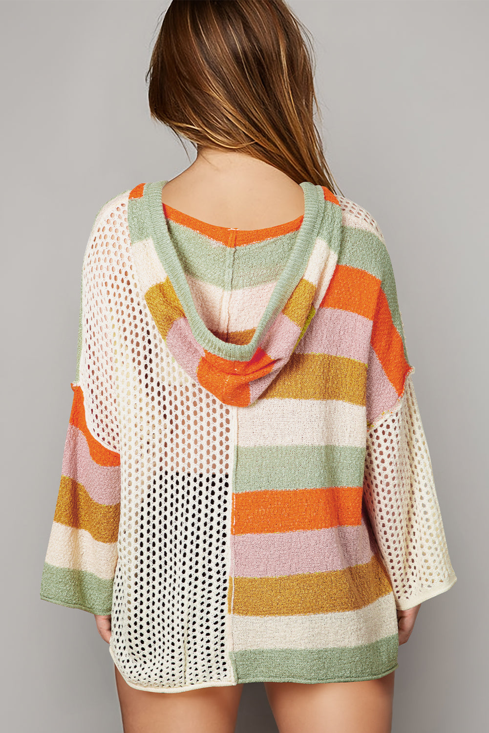 DEAR-LOVER Beige Oversized Colorblock V Neck Hooded Sweater