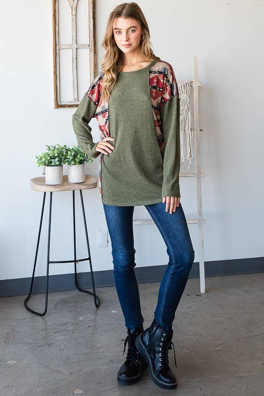 Olive Aztec Stitch Contrast Plus Top | Western Boho Long Sleeve Knit | Cozy Holiday Outfit (1X–3X)