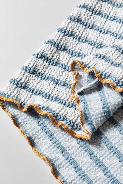 Sky Blue Stripe Textured Frilly Trim Buttons Henley Long Sleeve Top