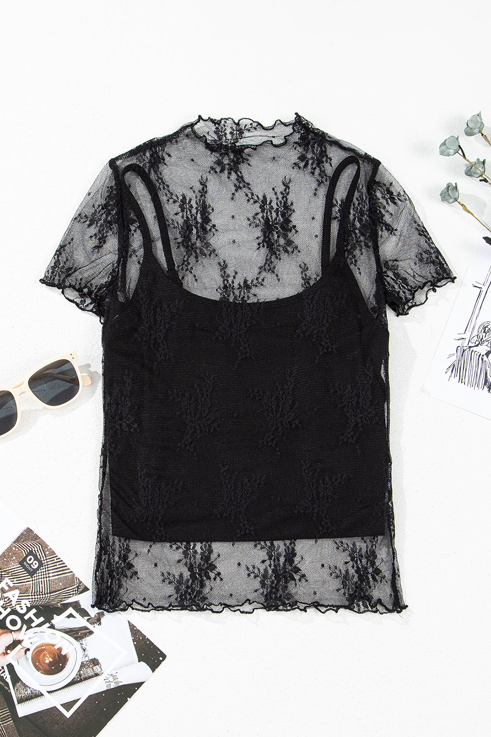 Black Floral Sheer Mesh Short Sleeve Mock Neck Blouse