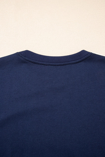 Dirty blue Varsity Striped Detail Crewneck Pullover Elastic Sweatpants 2pcs Outfit