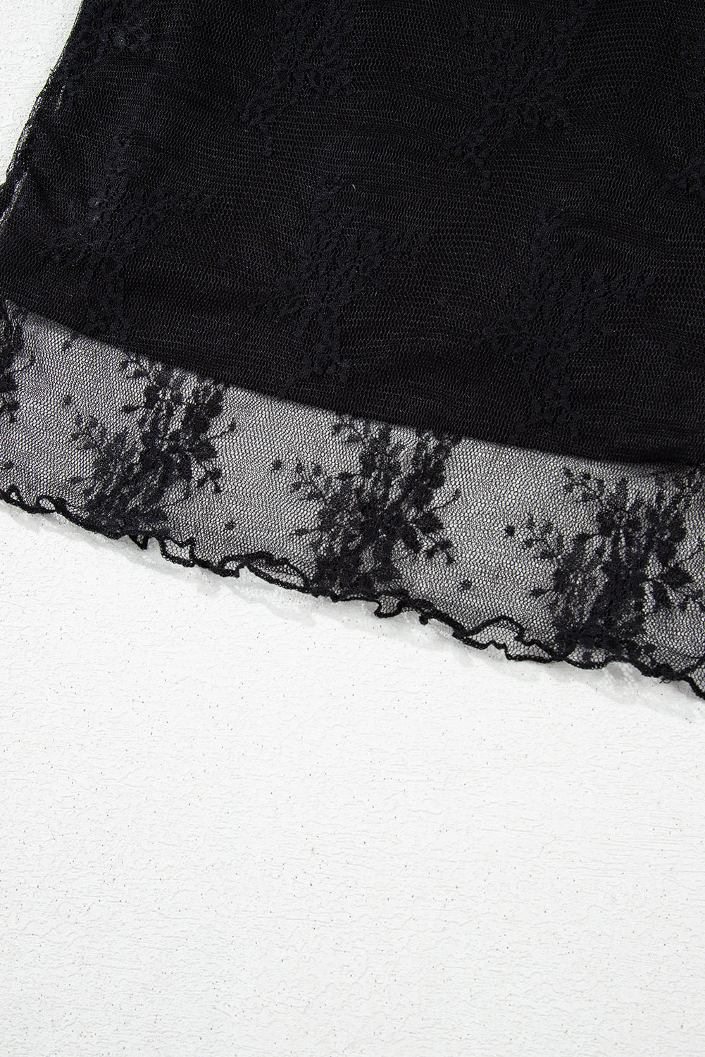 Black Floral Sheer Mesh Short Sleeve Mock Neck Blouse