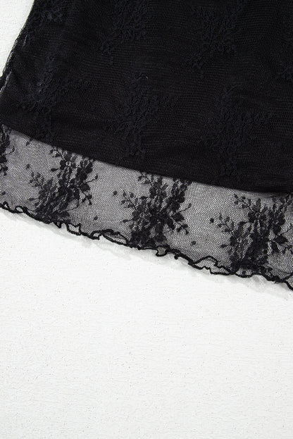 Black Floral Sheer Mesh Short Sleeve Mock Neck Blouse