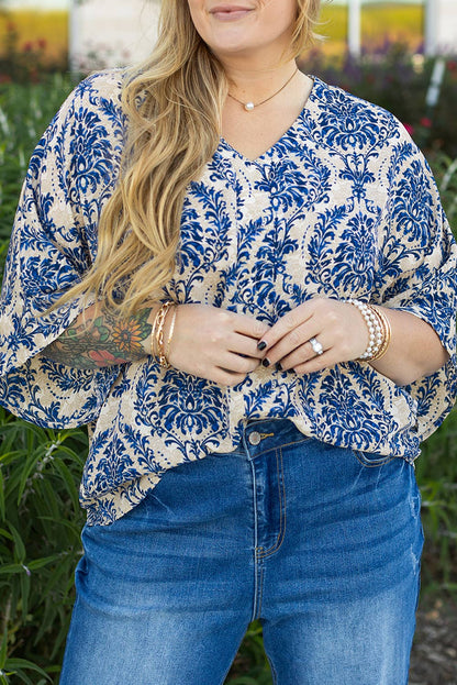 Plus Size Blue Boho Ethnic 3/4 Sleeve Blouse - Flowy Fit, Statement Style