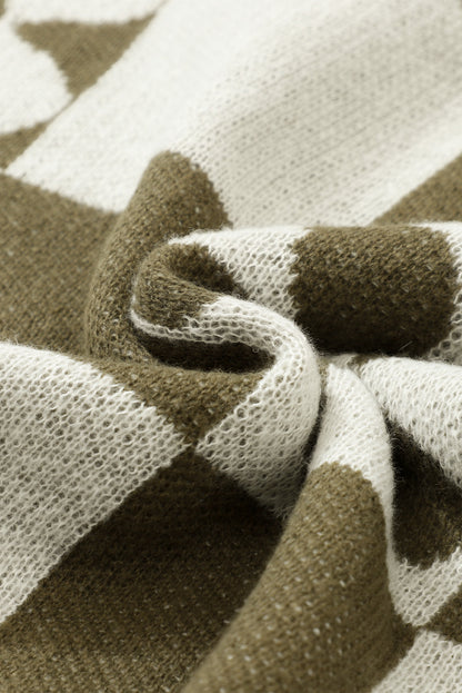 Brown Checkered Floral Print Striped Sleeve Sweater