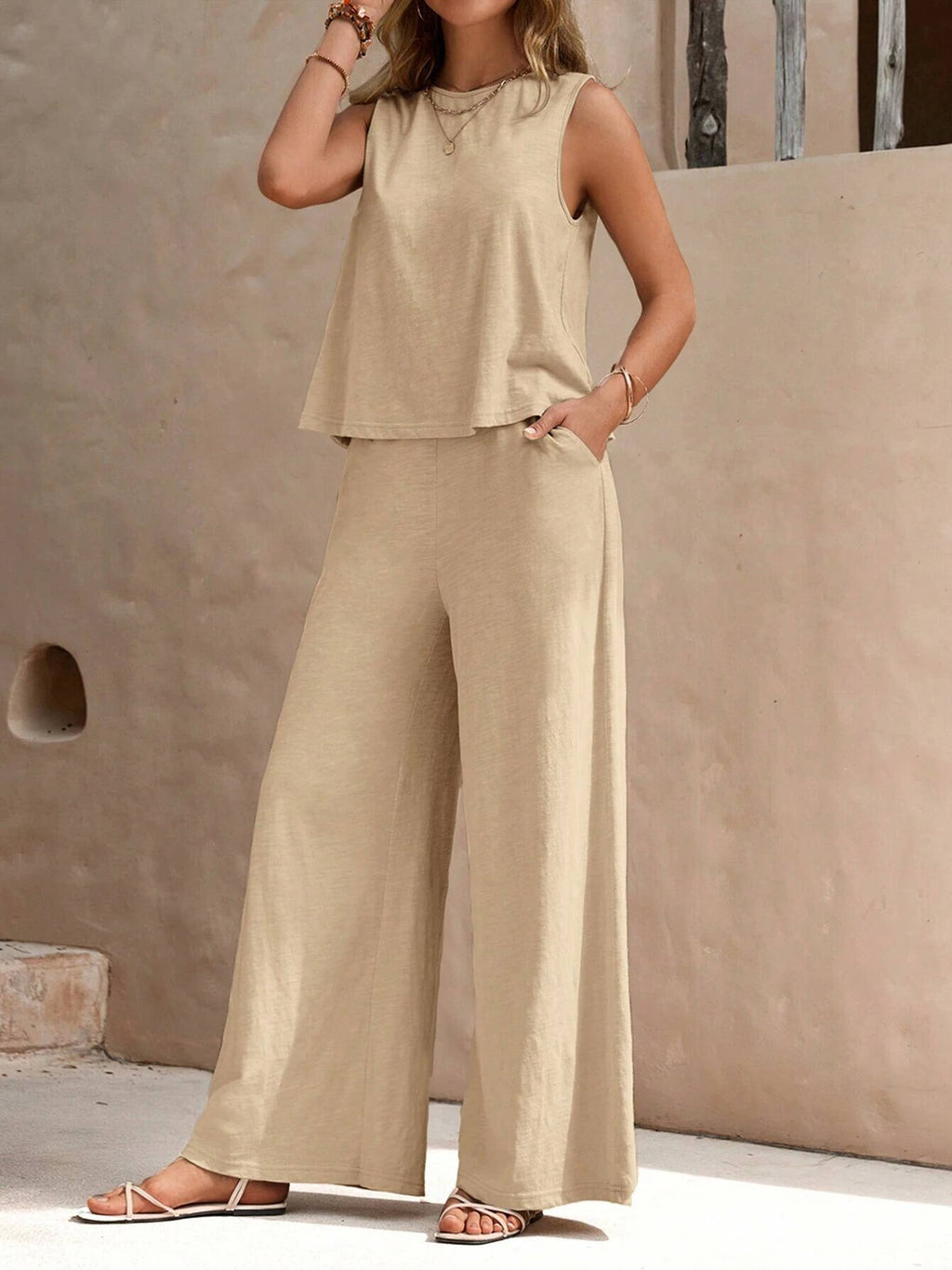 Southern Luxe Lounge Set - Loose-Fit Sleeveless Top & High-Waisted Pants (Beige)